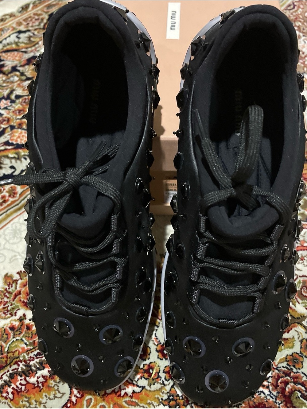 Miu Miu Black Studded Lace-Up Platform Sneakers
